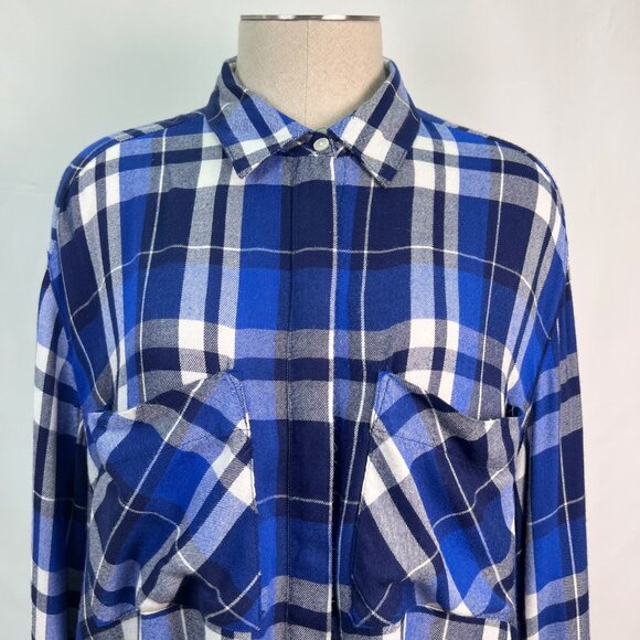 EXPRESS Oversized Blue & White Plaid Button-Up Shirt with Tab Sleeves Size Large - Picture 3 of 8